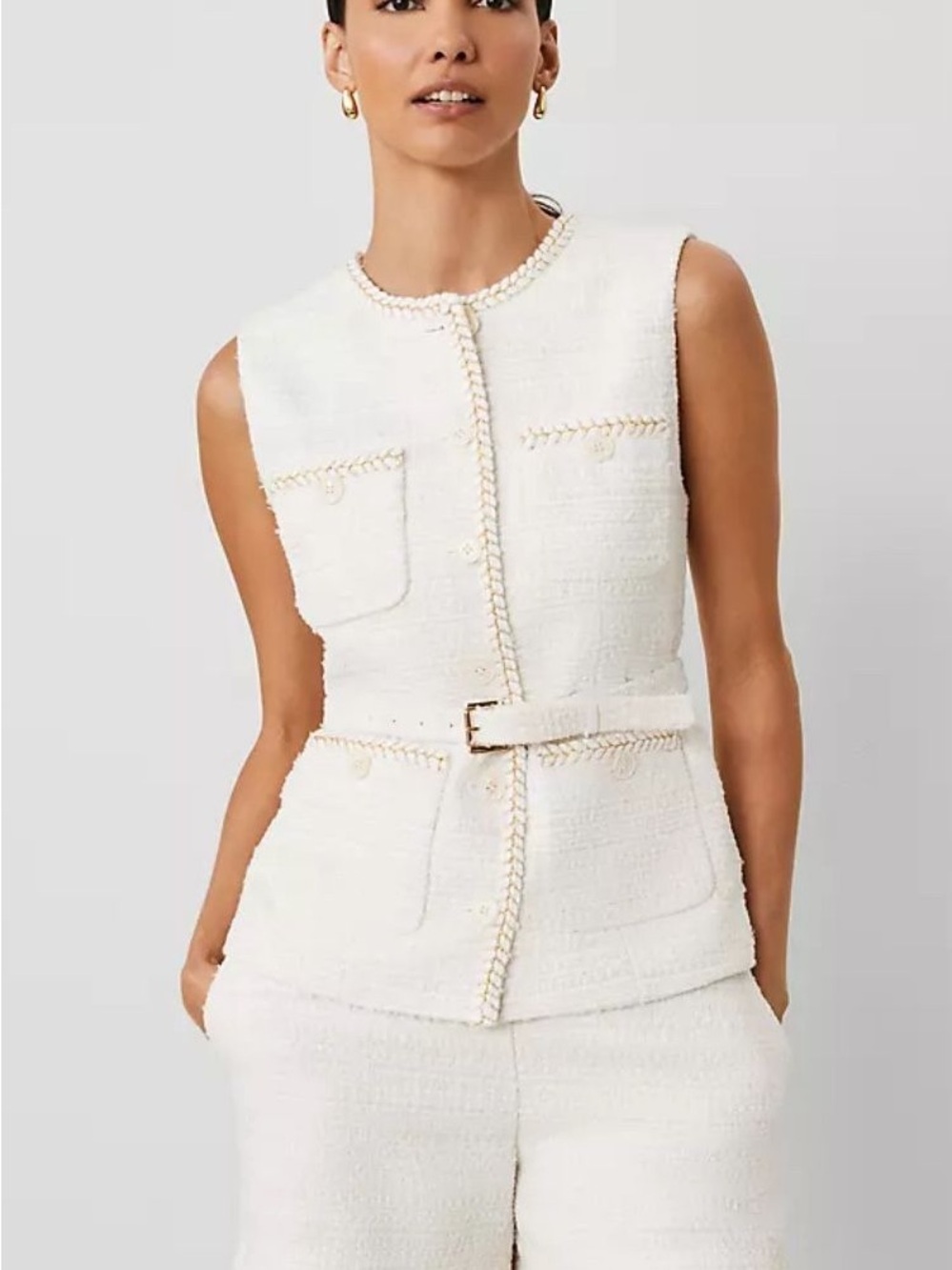 Ann Taylor White Tweed Belted Vest with gold Embroidery